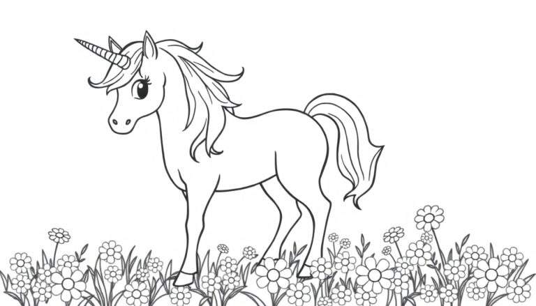 Placa de color de un unicornio blanco y negro rodeado de flores.