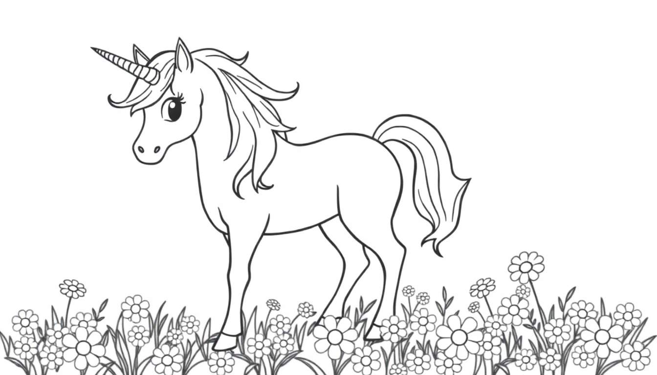 Placa de color de un unicornio blanco y negro rodeado de flores.