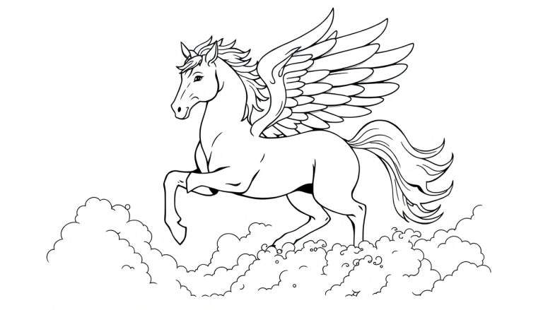Placa de color de Pegaso blanco con alas grandes volando entre nubes.
