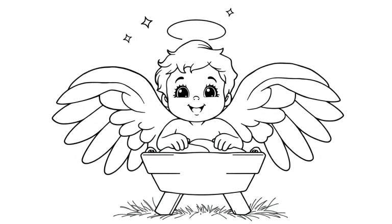 Placa de color: Ángel bebé sonriente con alas y halo, de pie detrás de un pesebre con tres estrellas encima.
