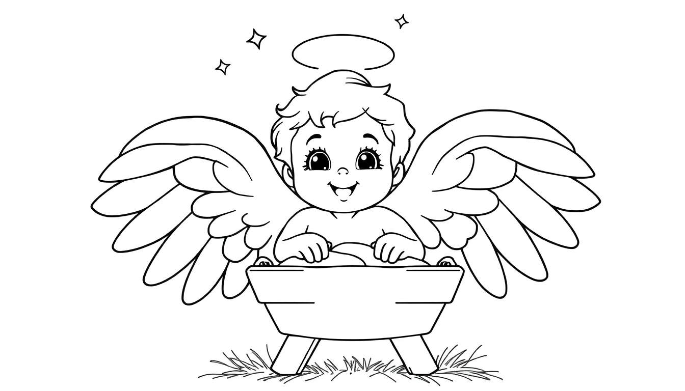Placa de color: Ángel bebé sonriente con alas y halo, de pie detrás de un pesebre con tres estrellas encima.