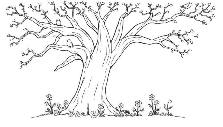 Placa de color de un árbol frondoso con pájaros y flores.