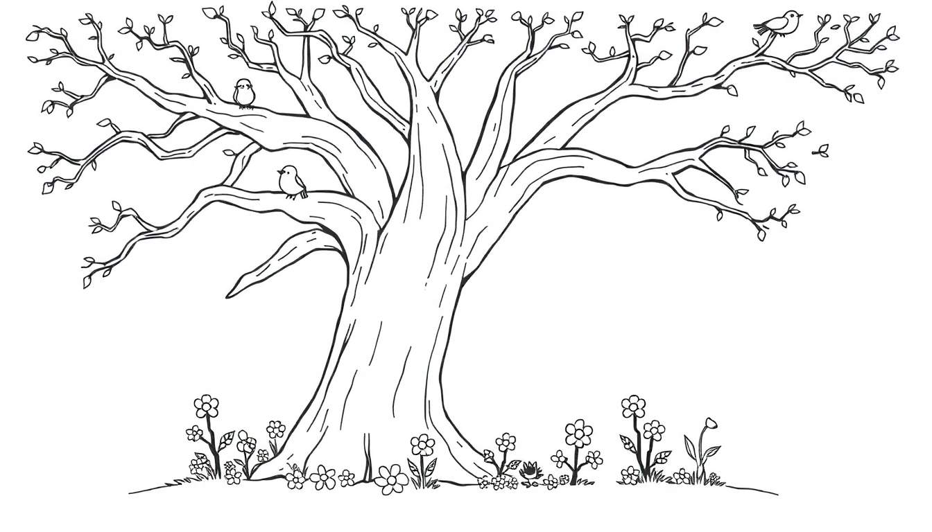 Placa de color de un árbol frondoso con pájaros y flores.