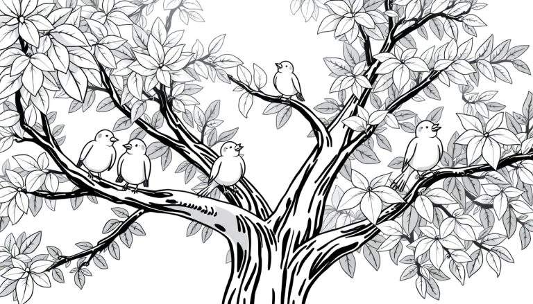 Placa de color de un árbol con pájaros cantando