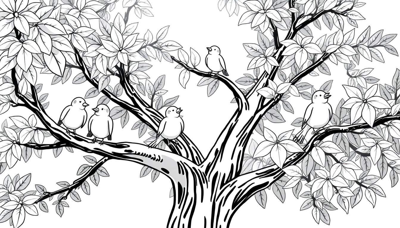 Placa de color de un árbol con pájaros cantando