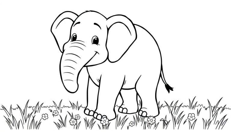 Placa de color de un elefante de dibujos animados sonriente en un campo de flores.