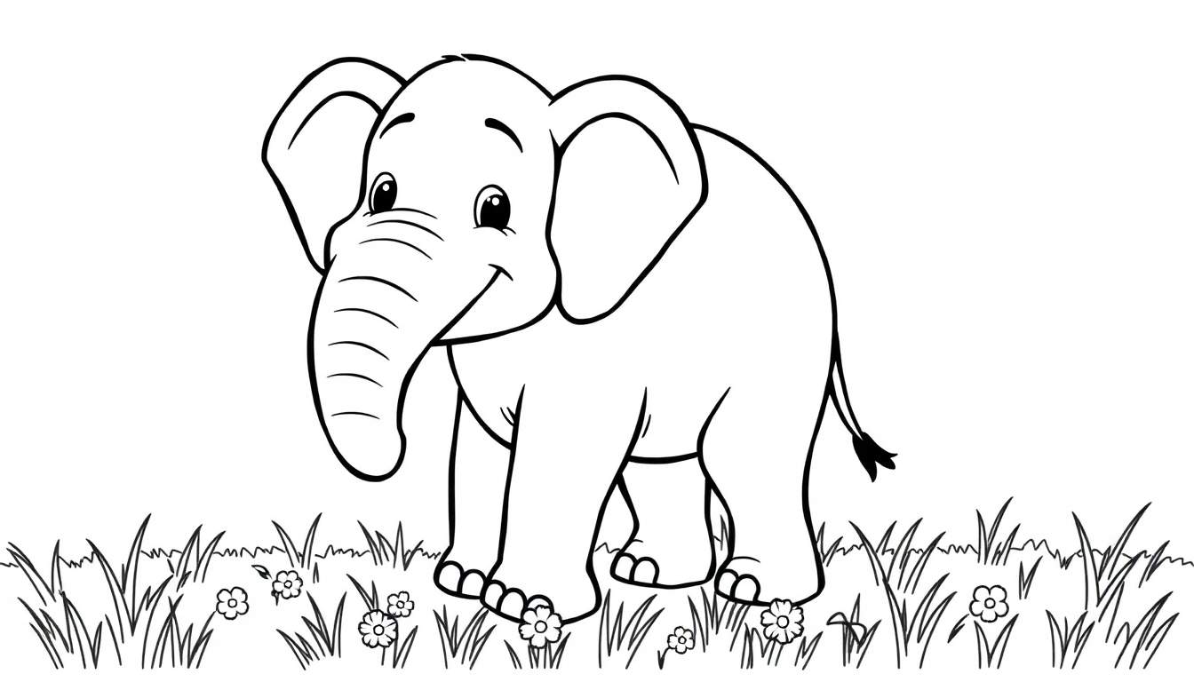 Placa de color de un elefante de dibujos animados sonriente en un campo de flores.