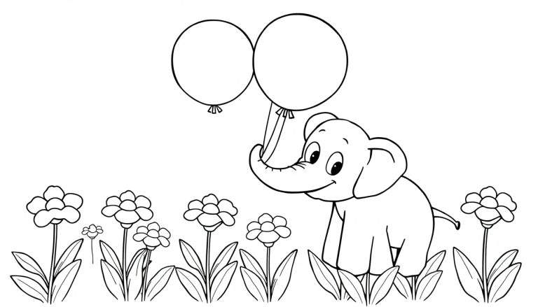 Una placa de color de un elefante amigable con globos en un campo de flores.