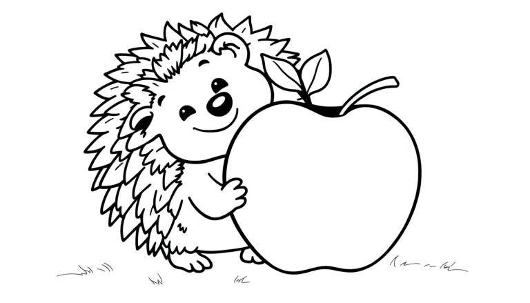 Página para colorear: erizo amigable abrazando una manzana roja grande.