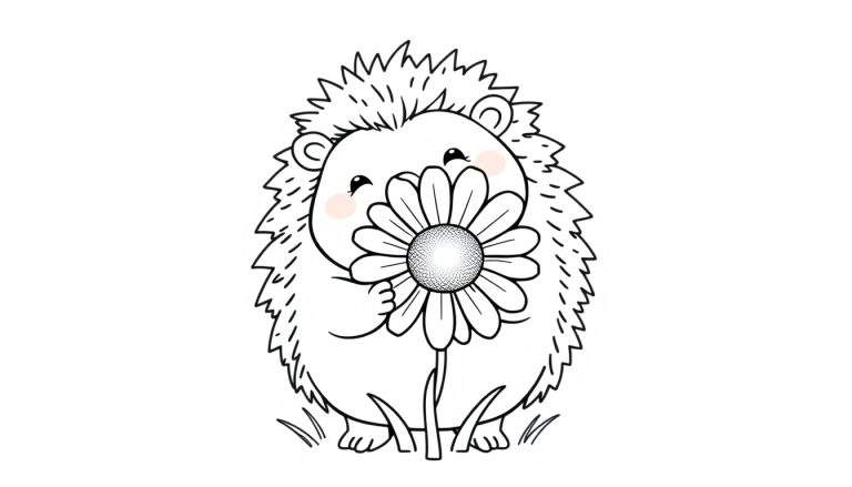 Una placa de color de un erizo amigable sosteniendo una flor.