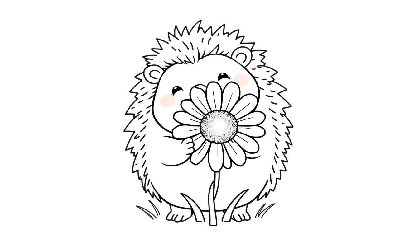 Una placa de color de un erizo amigable sosteniendo una flor.