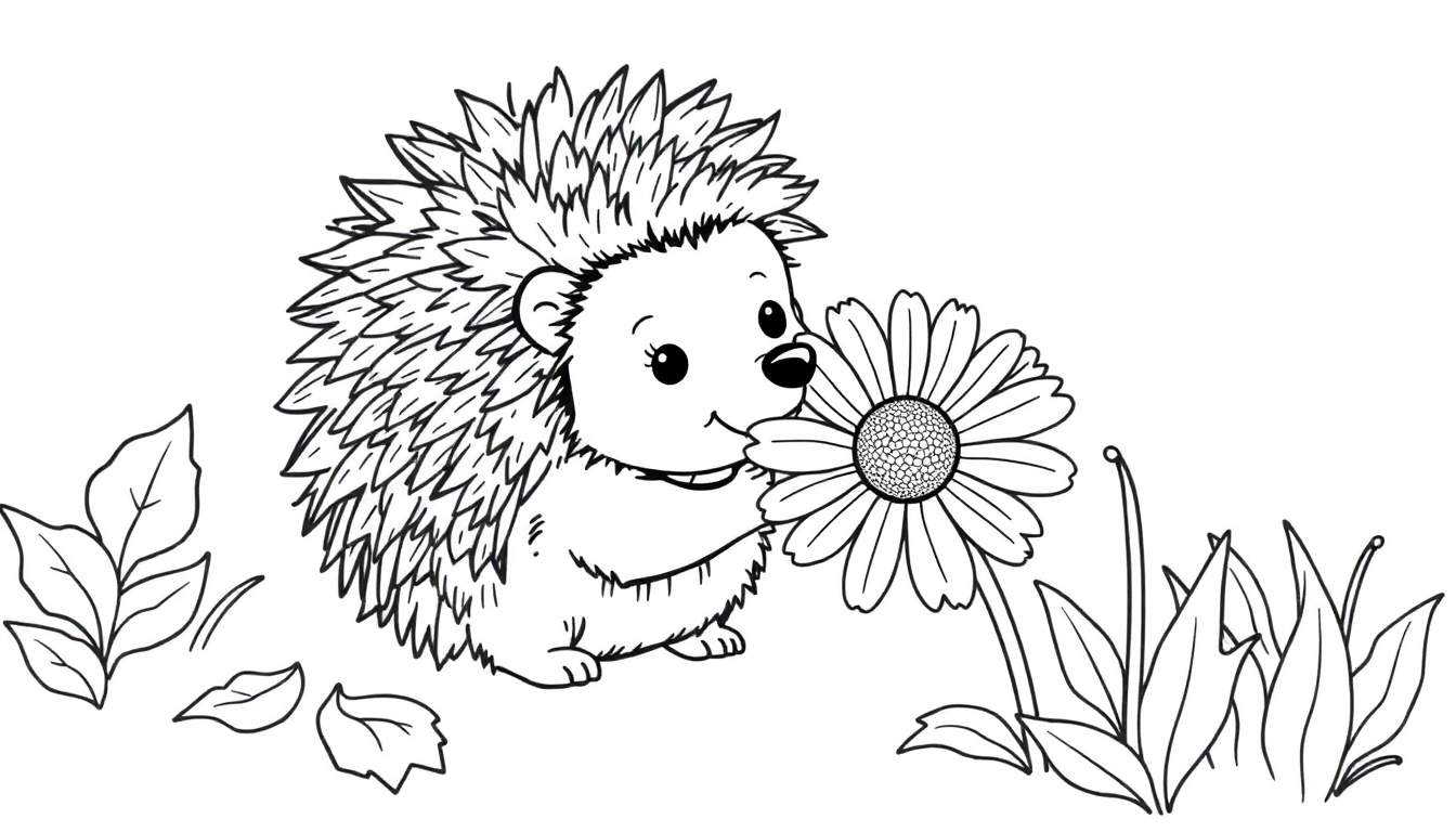 Un erizo adorable y una margarita listos para colorear en esta placa de color.