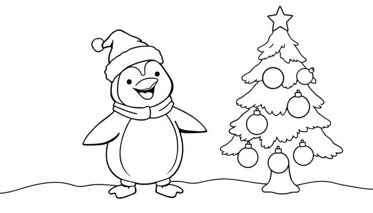 Placa de color de un pingüino feliz con gorro navideño junto a un árbol de Navidad.