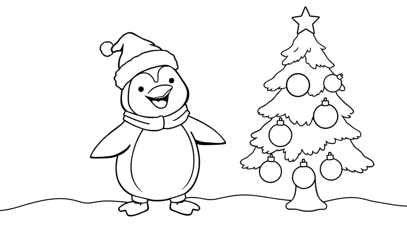 Placa de color de un pingüino feliz con gorro navideño junto a un árbol de Navidad.