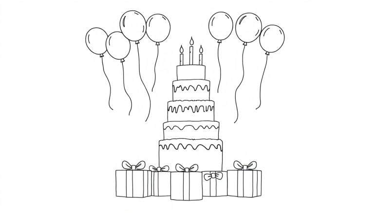 Placa de color de un pastel de cumpleaños para colorear con velas, globos y regalos.