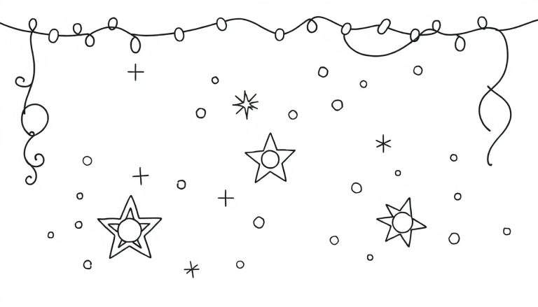 Placa de color con guirnalda de luces, estrellas y puntos para colorear.