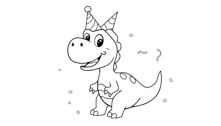 Placa de color de un dinosaurio sonriente con sombrero de fiesta y confeti.