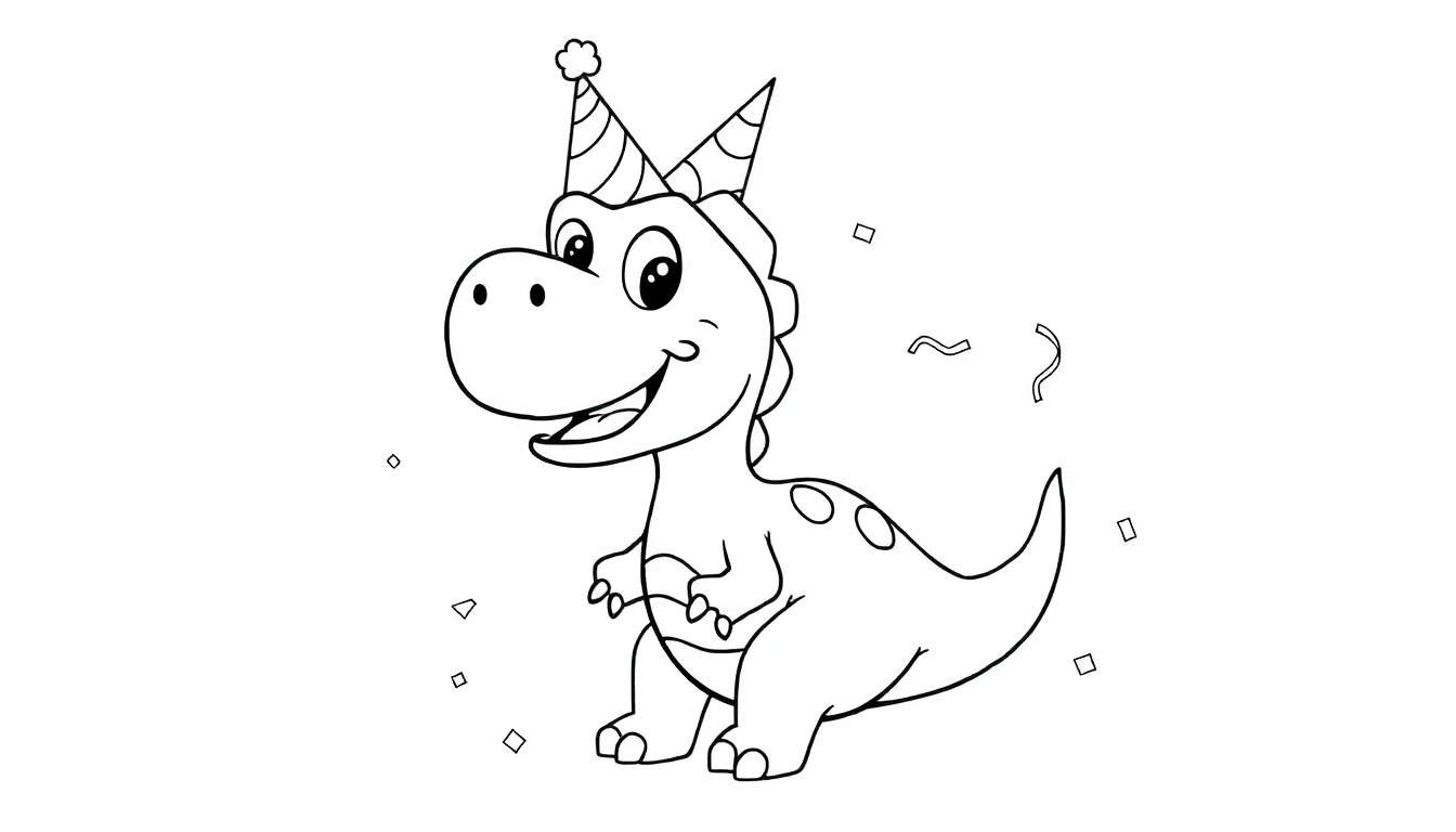 Placa de color de un dinosaurio sonriente con sombrero de fiesta y confeti.
