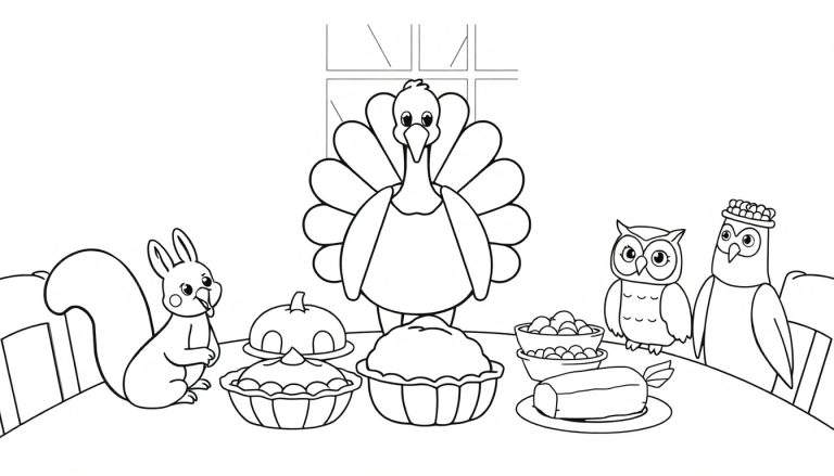 Página para colorear de Día de Acción de Gracias, muestra una placa de color con un pavo y amigos animales.
