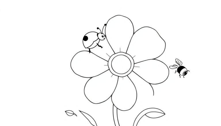 Placa de color: Una linda mariquita sonriente en una flor de primavera con una abeja volando.