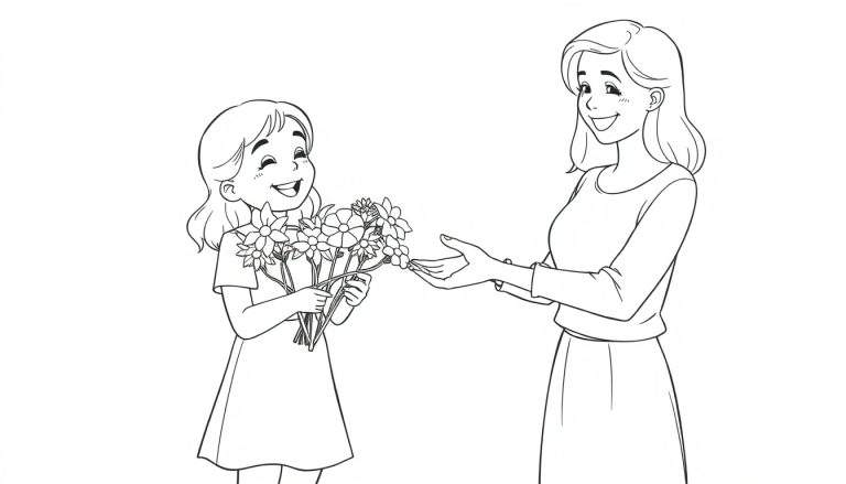 Placa de color de una niña dando flores a su madre sonriente.