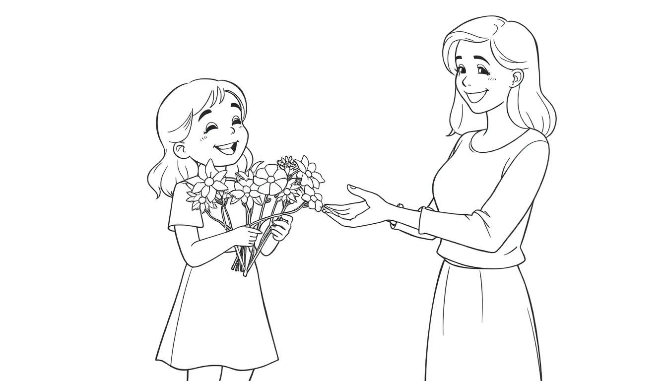 Placa de color de una niña dando flores a su madre sonriente.