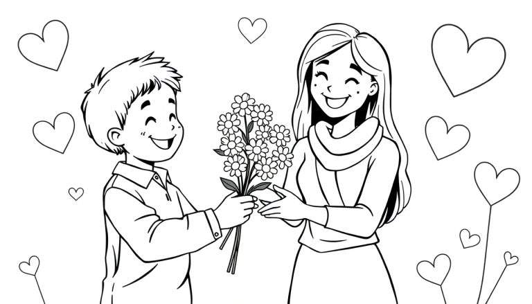 Niño dando flores a su mamá en una placa de color para colorear.