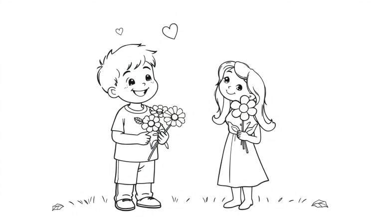 Placa de color: Niño y niña dando flores a mamá en el Día de la Madre.