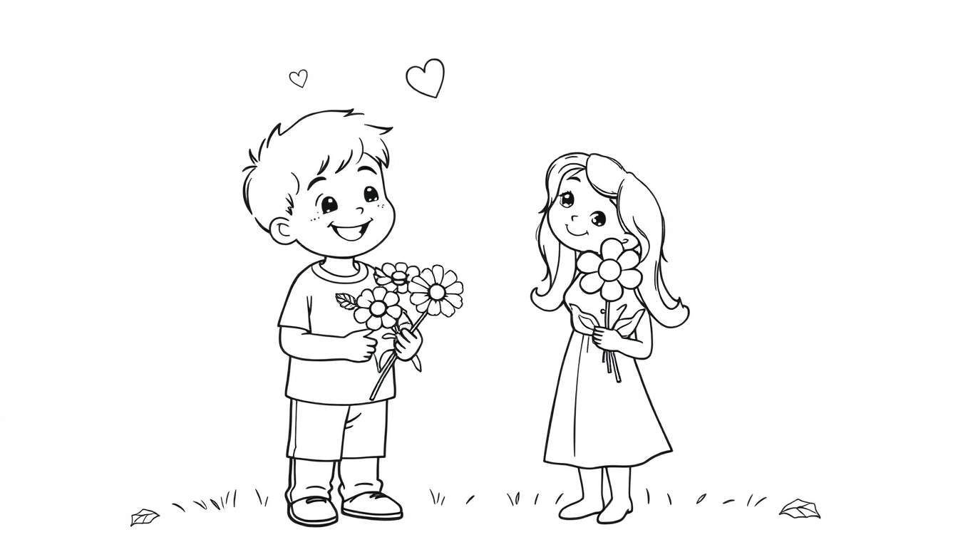 Placa de color: Niño y niña dando flores a mamá en el Día de la Madre.
