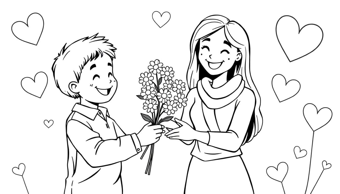 Niño dando flores a su mamá en una placa de color para colorear.