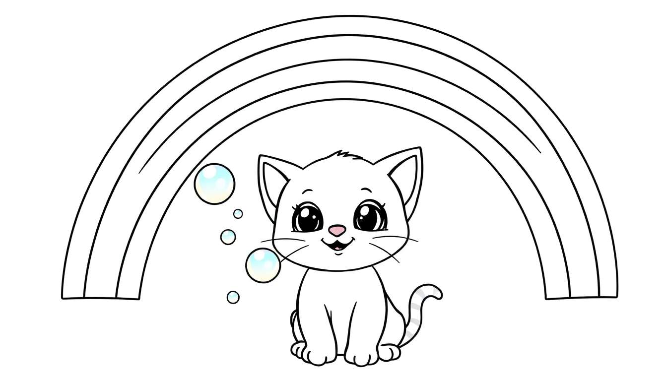 Placa de color de un gatito adorable soplando burbujas bajo un arcoíris.