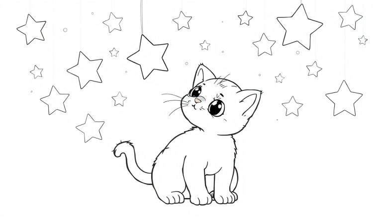 Un gatito negro dibujado, con grandes ojos, sentado y mirando hacia arriba a estrellas colgantes. Una placa para colorear.