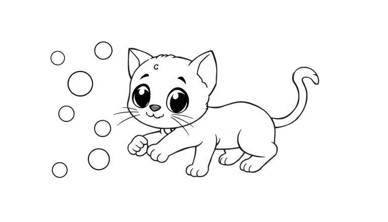 Placa de color de un gatito jugando con burbujas.