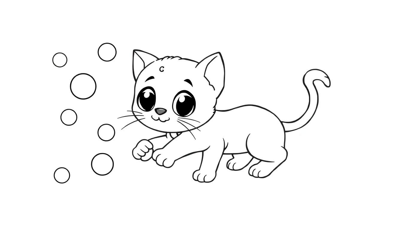 Placa de color de un gatito jugando con burbujas.