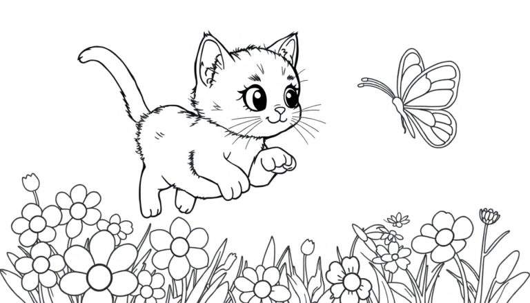 Un gatito persigue una mariposa en un campo de flores, listo para colorear en esta placa de color.