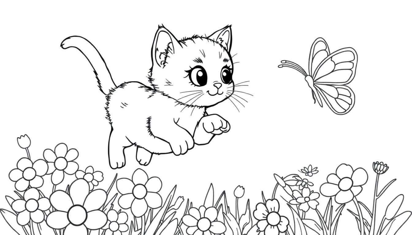 Un gatito persigue una mariposa en un campo de flores, listo para colorear en esta placa de color.