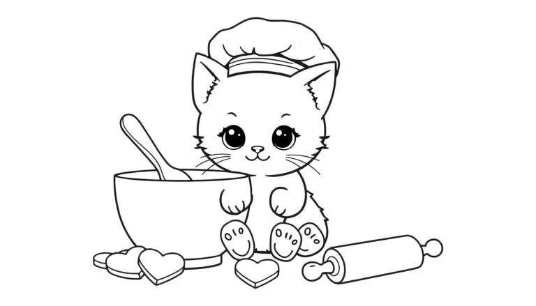 Placa de color de un gatito chef con un gorro y un rodillo.