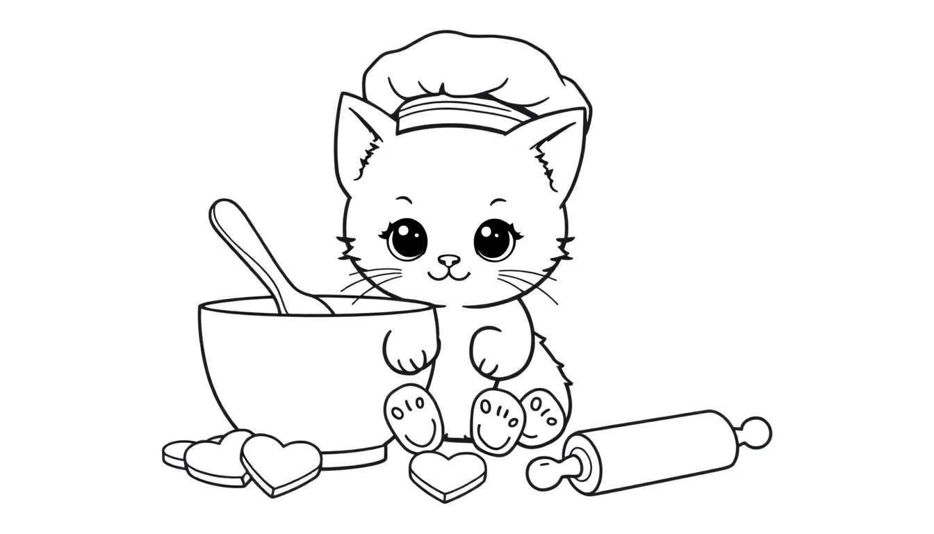 Placa de color de un gatito chef con un gorro y un rodillo.