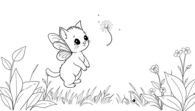 Gato hada con alas de mariposa en un jardín, listo para colorear
