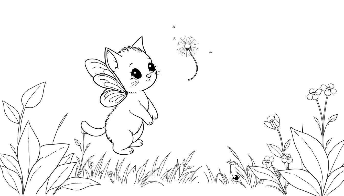 Gato hada con alas de mariposa en un jardín, listo para colorear