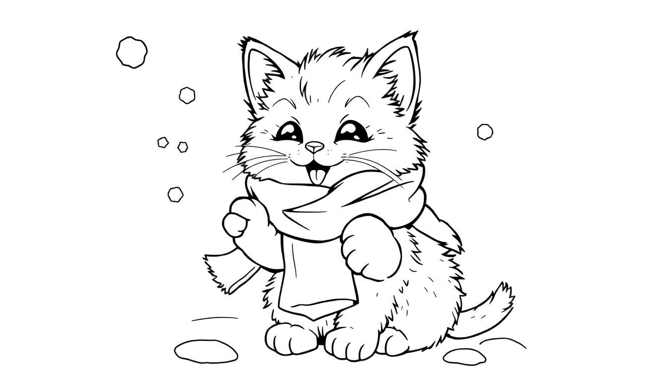Un gatito con pañuelo dibujado, listo para colorear en la nieve.