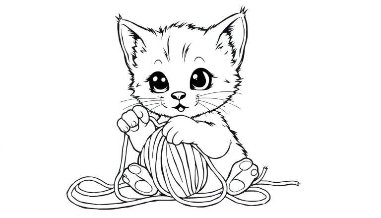Placa de color de un gatito juguetón con un ovillo de lana.