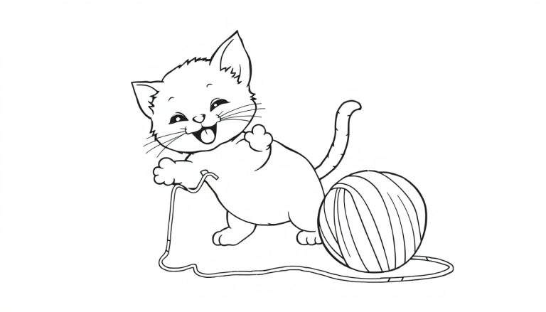 Placa de color para colorear: un gatito feliz jugando con una bola de lana.