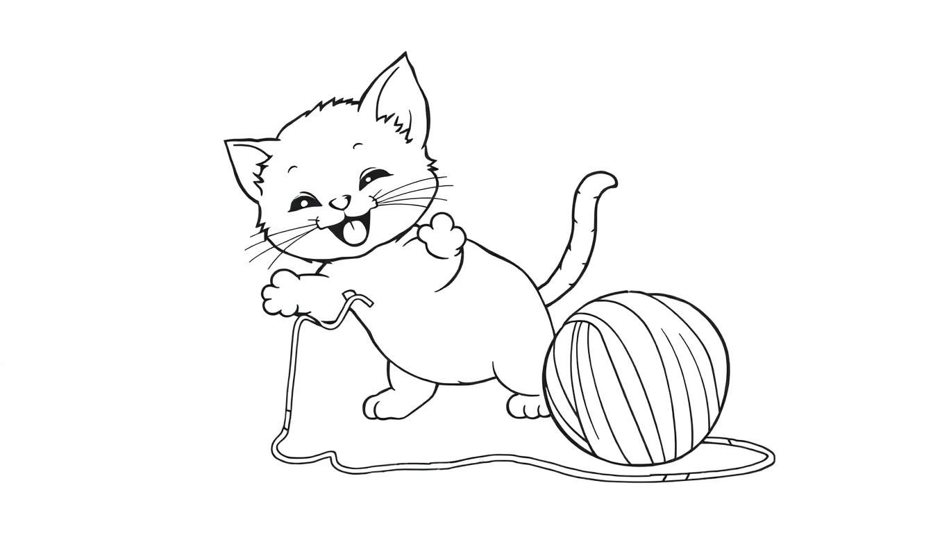 Placa de color para colorear: un gatito feliz jugando con una bola de lana.