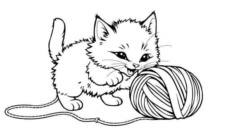 Una placa de color de un gatito jugando con un ovillo de lana.