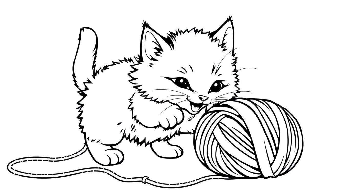 Una placa de color de un gatito jugando con un ovillo de lana.