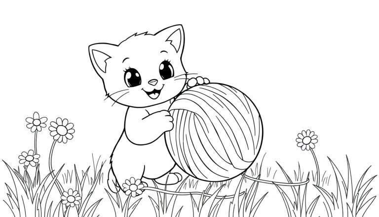 Placa de color de un gatito adorable jugando con lana, rodeado de flores silvestres.
