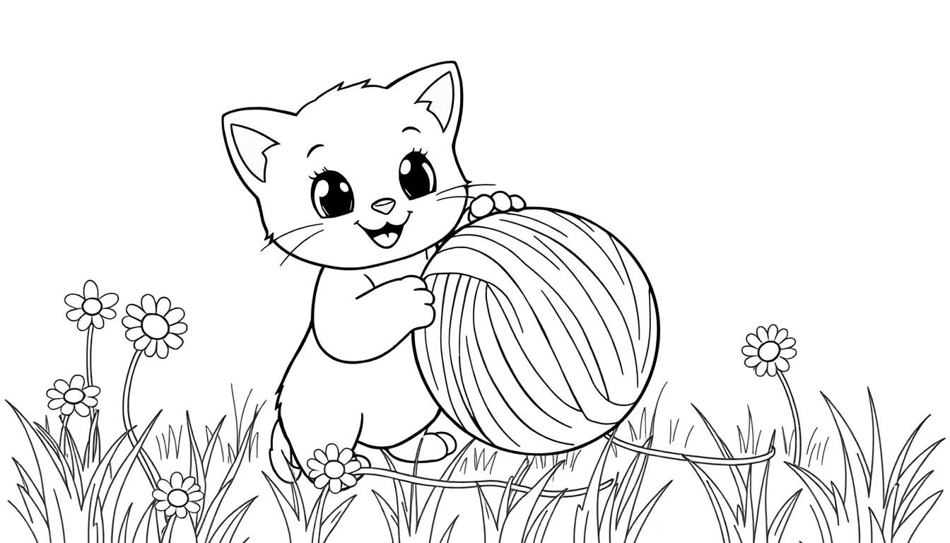 Placa de color de un gatito adorable jugando con lana, rodeado de flores silvestres.