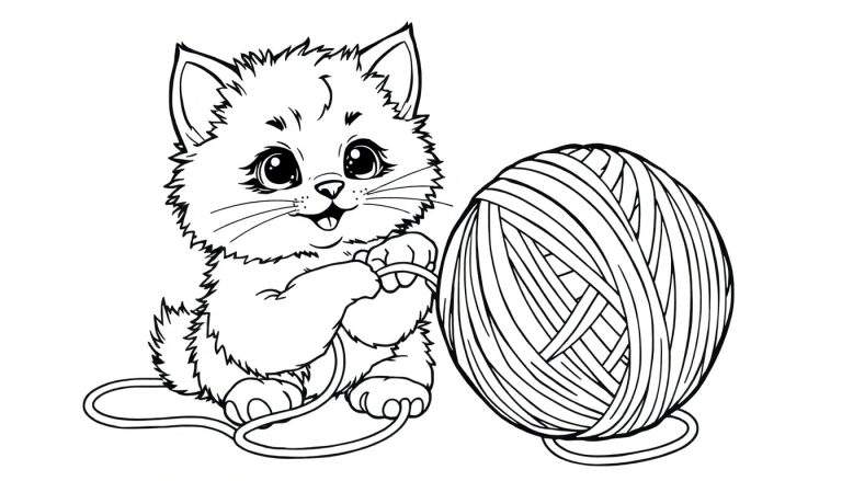 Un gatito tierno jugando con una placa de color de una bola de lana, listo para colorear.