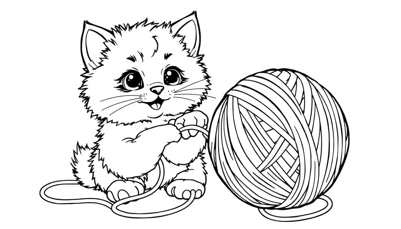 Un gatito tierno jugando con una placa de color de una bola de lana, listo para colorear.